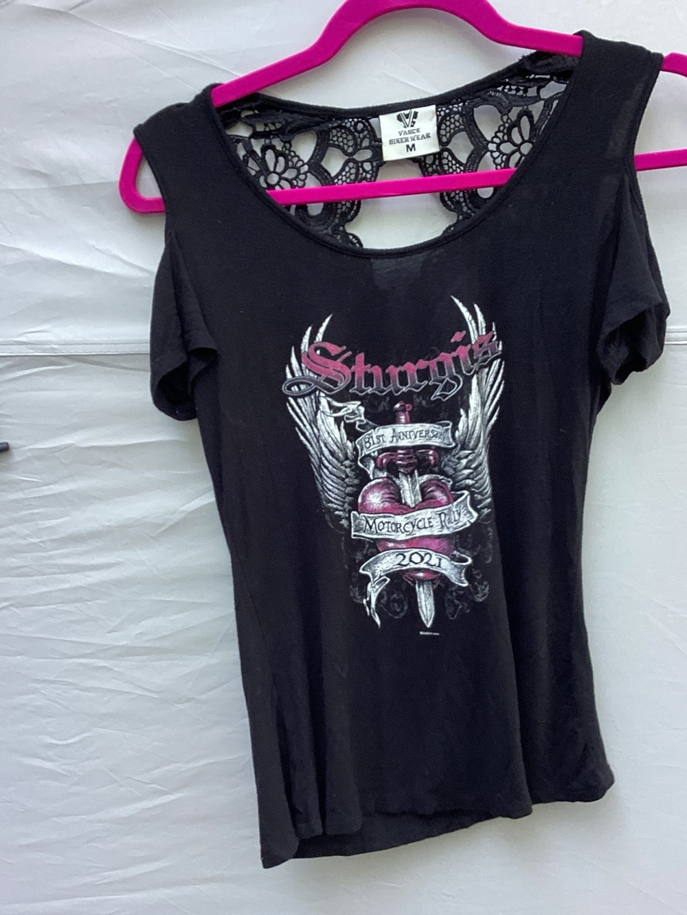 Lace-Back Graphic Tee - Black & Pink - Women's Short Sleeve